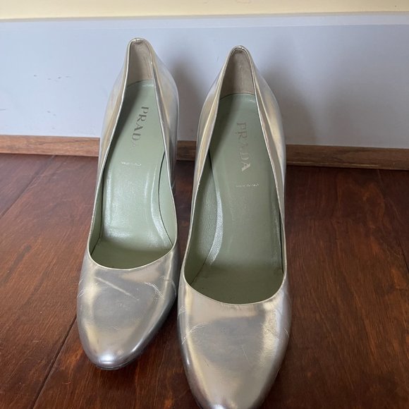 Prada Silver Metallic Wedges Made in Italy 37 1/2 - Picture 2 of 2